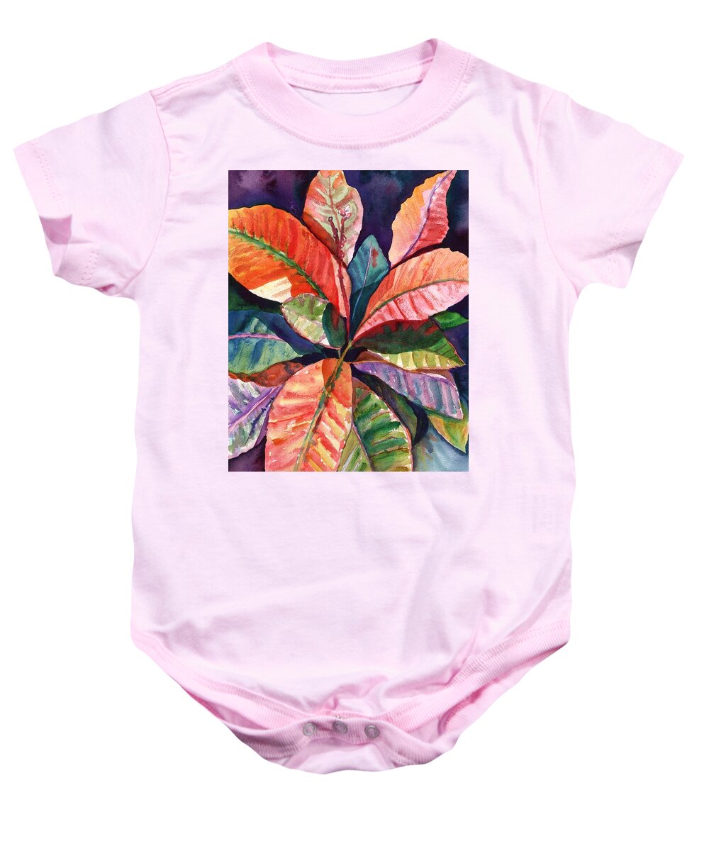 Tropical Leaves Baby Onesie featuring the painting Colorful Tropical Leaves 1 by Marionette Taboniar
