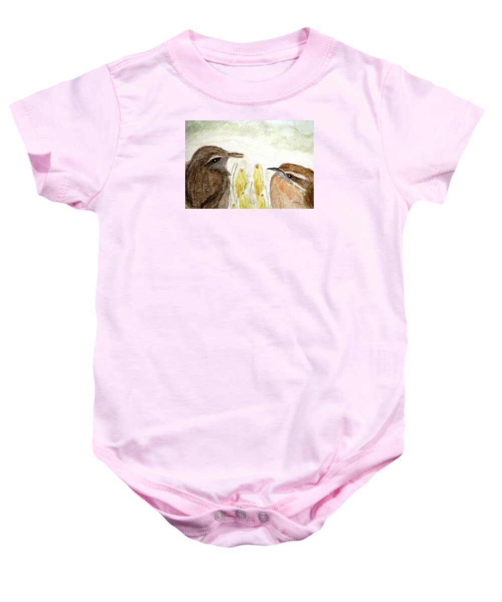 Carolina Wrens Baby Onesie featuring the painting Conversation In The Crocus by Angela Davies