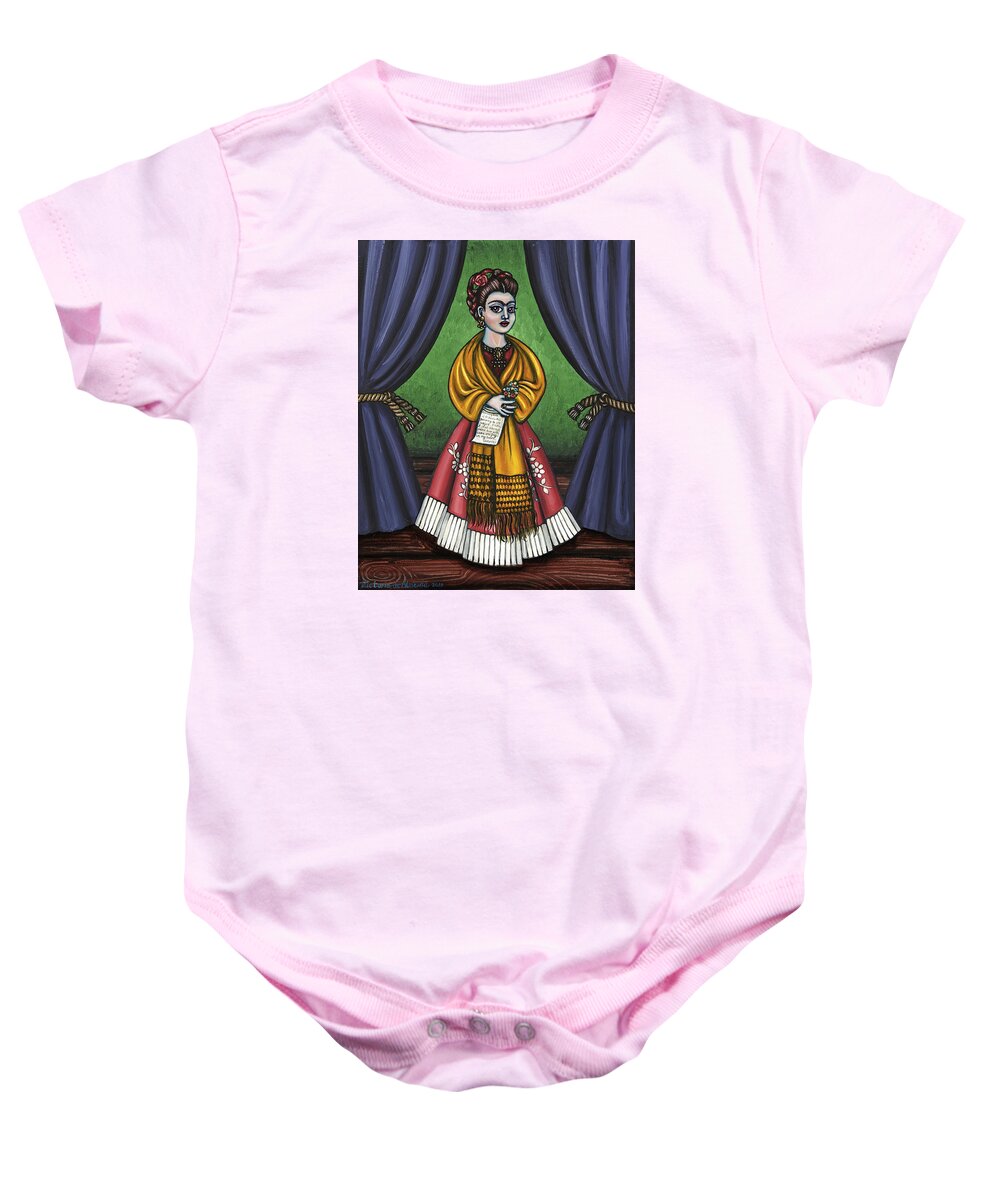 Folk Art Baby Onesie featuring the painting Curtains for Frida by Victoria De Almeida