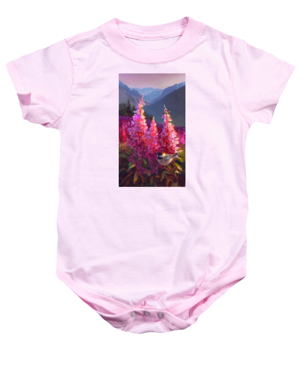 Alaska Art Baby Onesie featuring the painting Eagle River Summer Chickadee and Fireweed Alaskan Landscape by K Whitworth