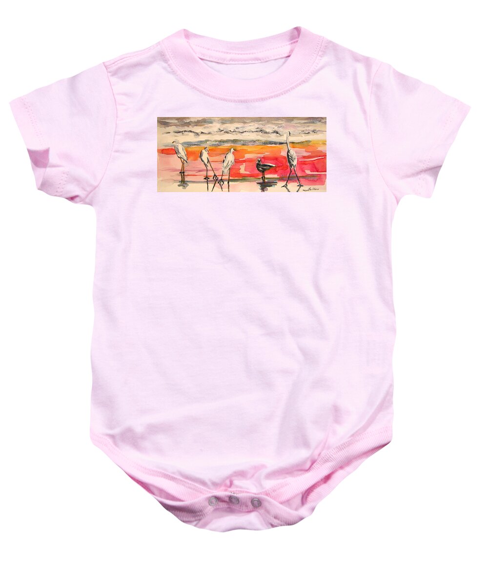 Watercolors Baby Onesie featuring the painting Egrets And Sea Gull At Sunrise 11-5-14 by Julianne Felton