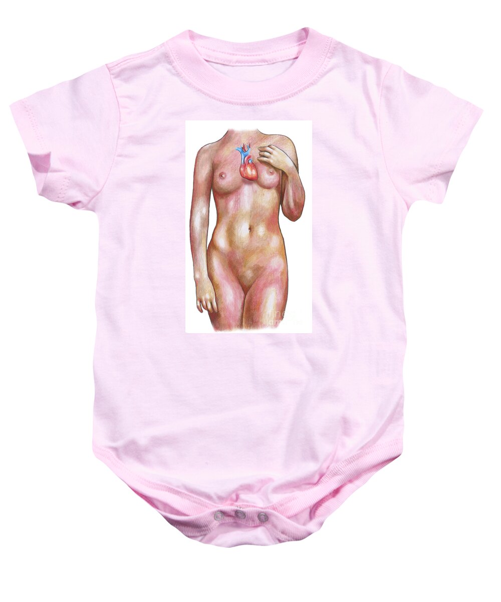 Science Baby Onesie featuring the photograph Female Body With Heart by Gwen Shockey