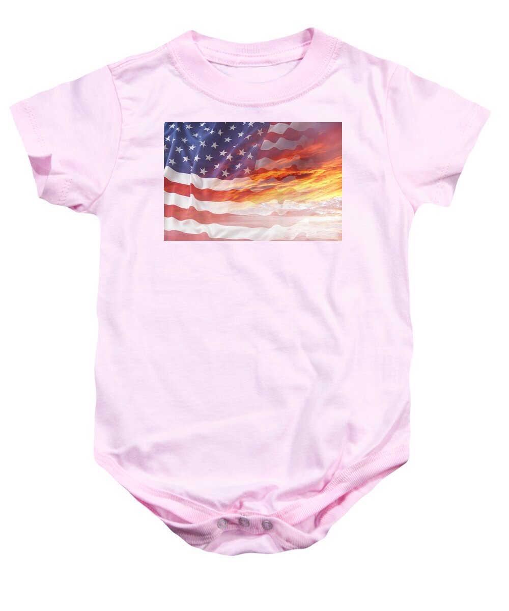 Dawn Baby Onesie featuring the photograph Flag and sky by Les Cunliffe