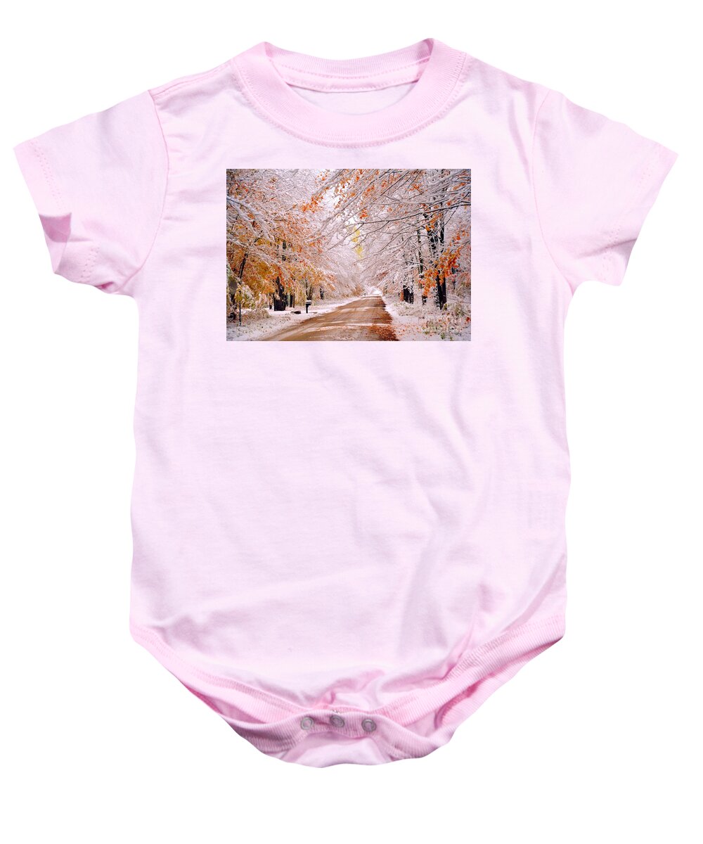 Snow Baby Onesie featuring the photograph Snow in Autumn 3 by Terri Gostola