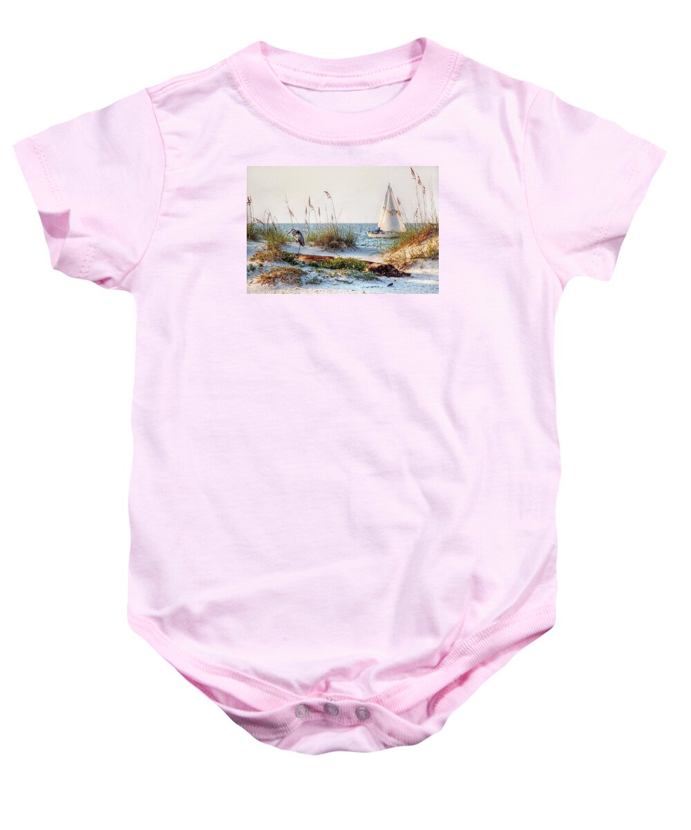 Alabama Baby Onesie featuring the photograph Heron and Sailboat by Michael Thomas