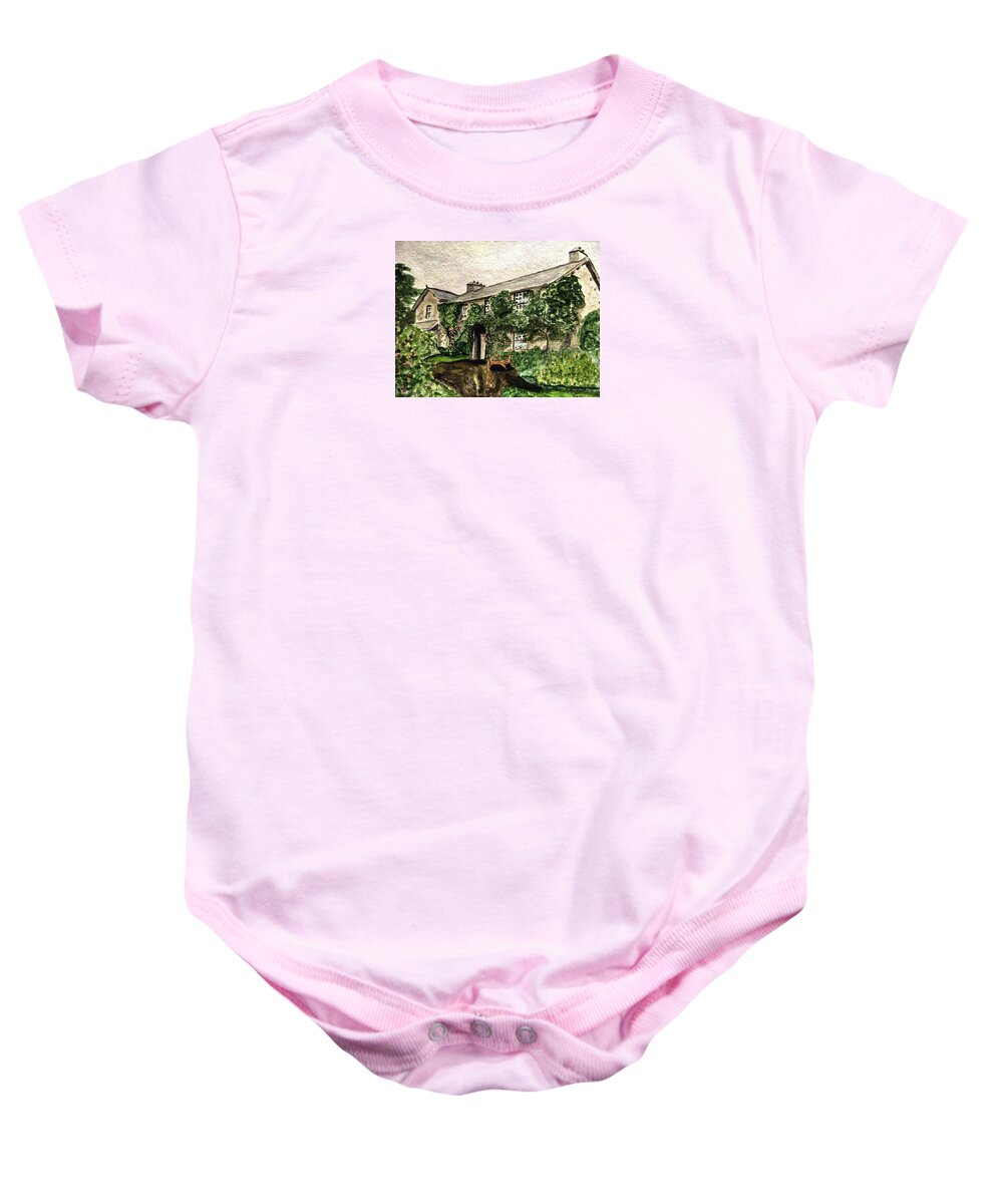 English Cottages Baby Onesie featuring the painting Hill Top Farm Home of Beatrix Potter by Angela Davies
