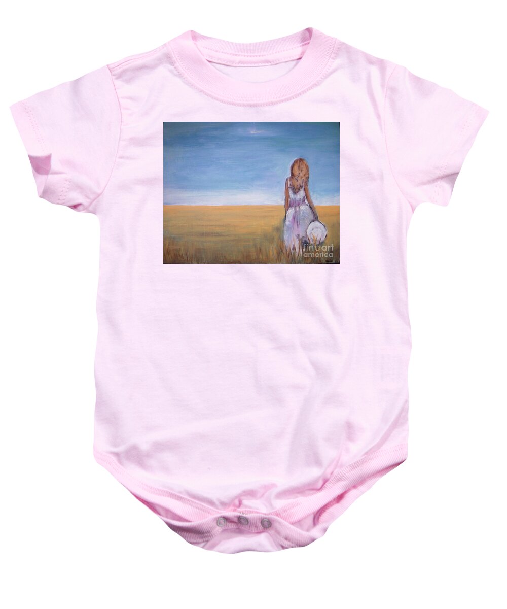 Wheat Field Baby Onesie featuring the painting Girl in Wheat Field by Vesna Antic