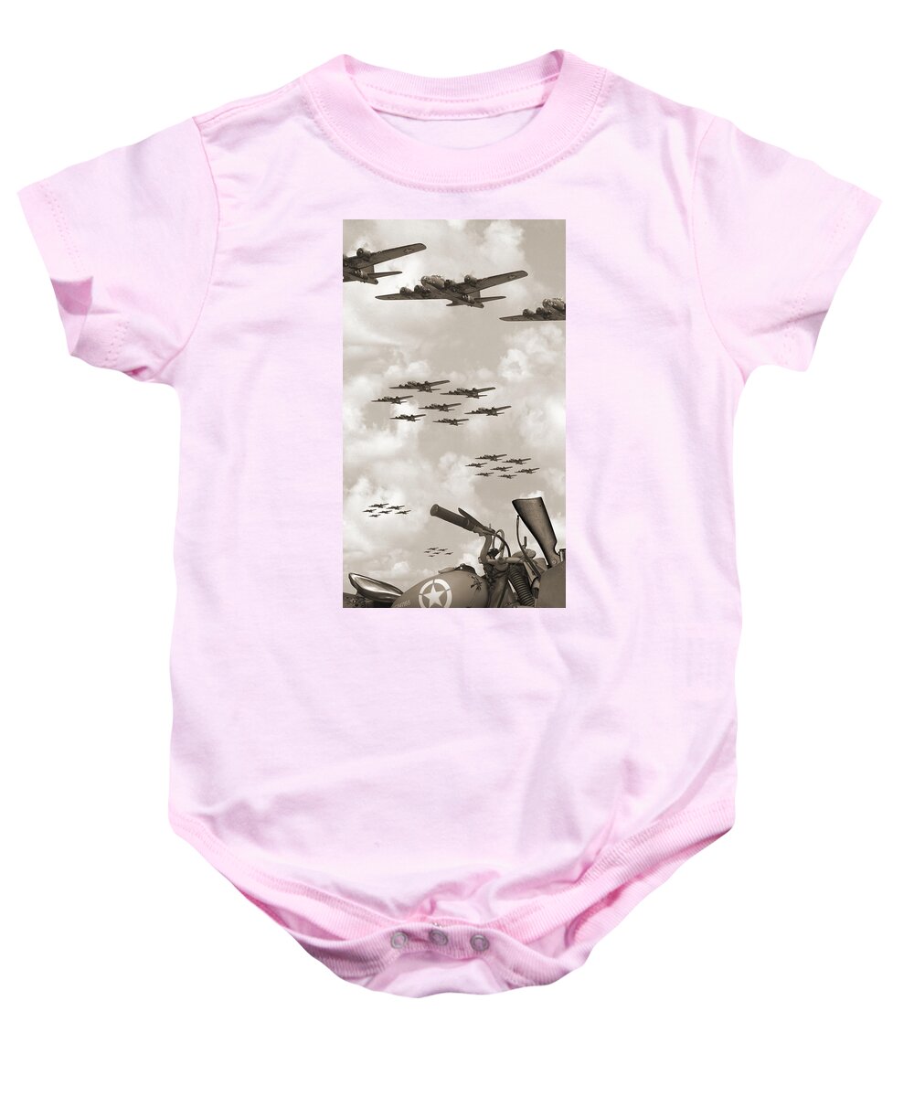 Ww2 Baby Onesie featuring the photograph Indian 841 And The B-17 Panoramic Sepia by Mike McGlothlen