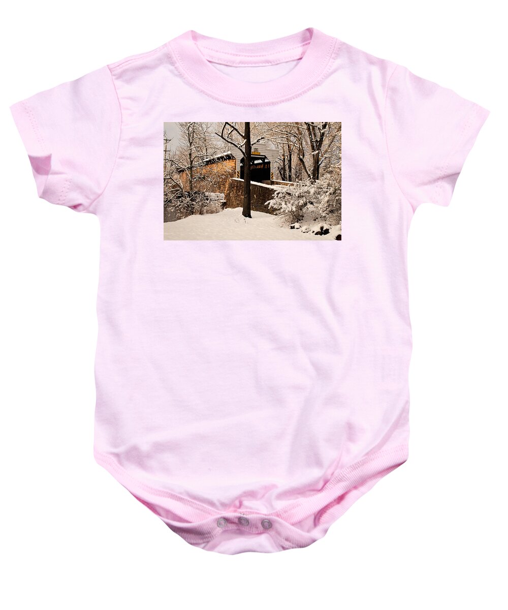 Winter Baby Onesie featuring the photograph Kennedy Covered Bridge in Winter by Michael Porchik