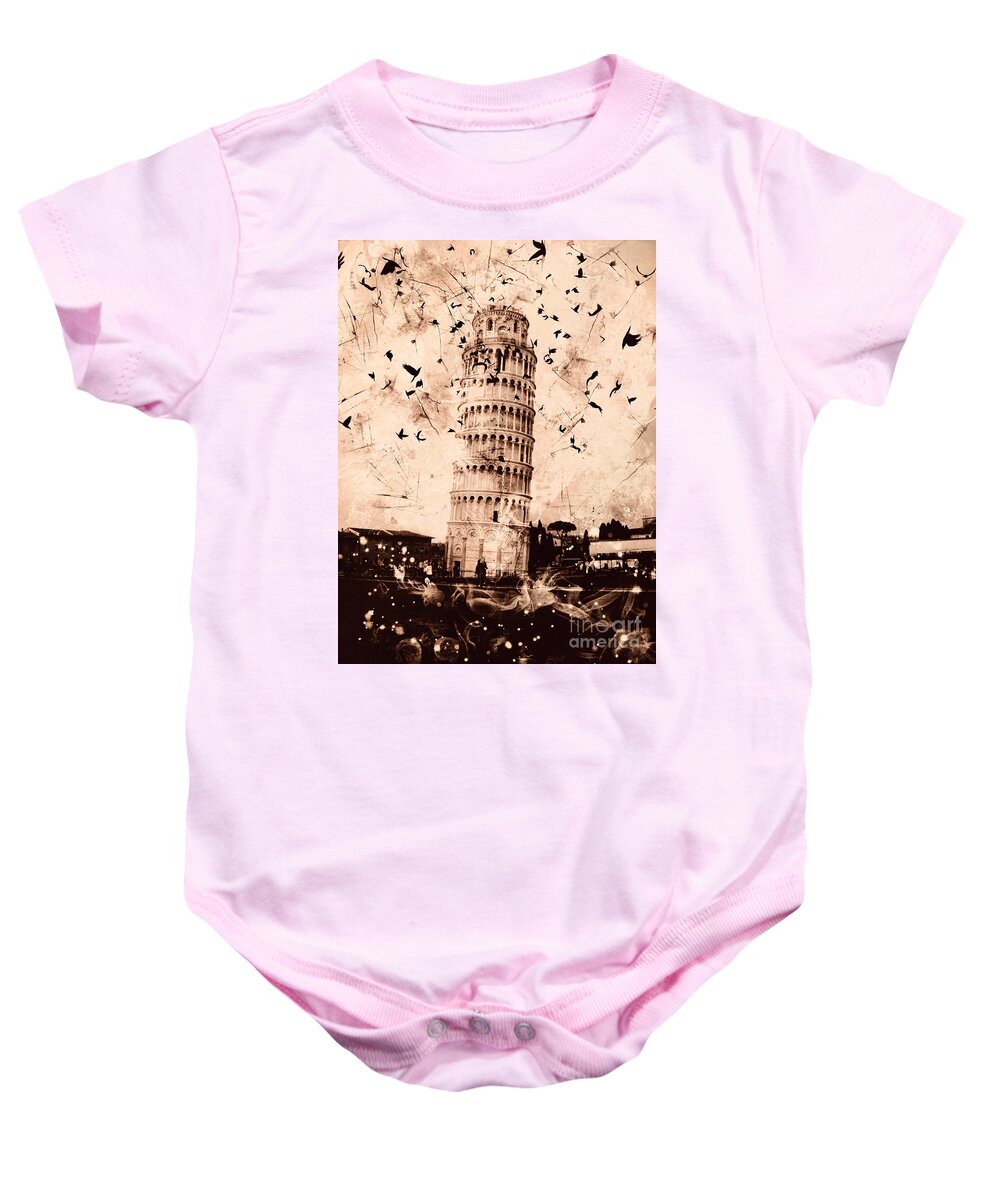 Leaning Tower Of Pisa Baby Onesie featuring the digital art Leaning Tower of Pisa Sepia by Marina McLain