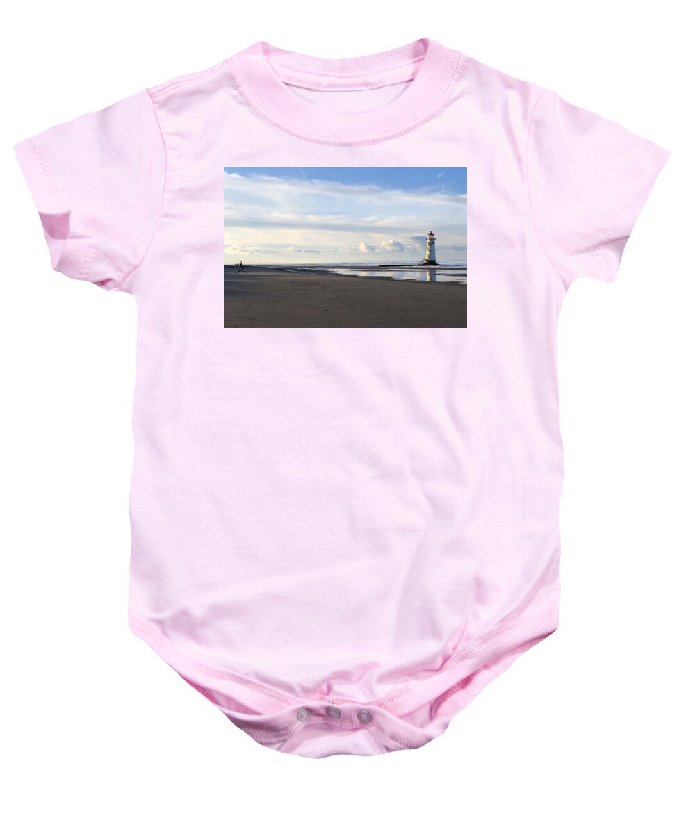  Silver Man Baby Onesie featuring the photograph Lighthouse at Talacre by Spikey Mouse Photography