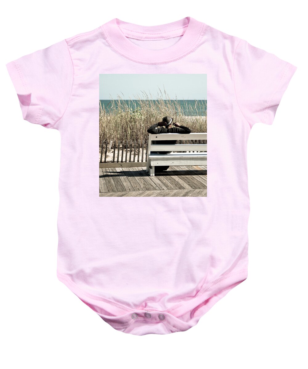 Man Baby Onesie featuring the mixed media Listening To The Waves by Trish Tritz
