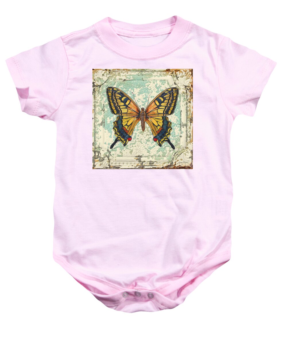 Acrylic Painting Baby Onesie featuring the painting Lovely Yellow Butterfly on Tin Tile by Jean Plout