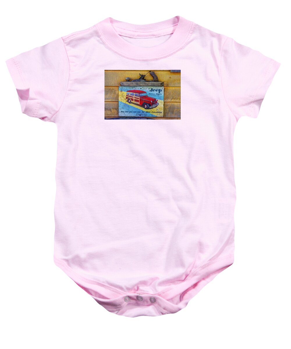 Willys Baby Onesie featuring the photograph Made of Steel Not of Wood - The Willys - Overland Jeep Station Wagon by Michael Mazaika