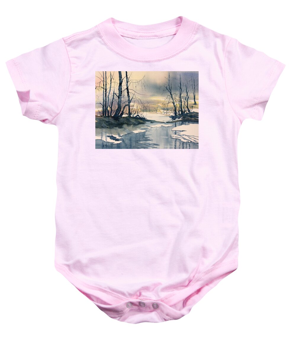 Glenn Marshall Yorkshire Artist Baby Onesie featuring the painting Melt Water on Skipwith Common by Glenn Marshall