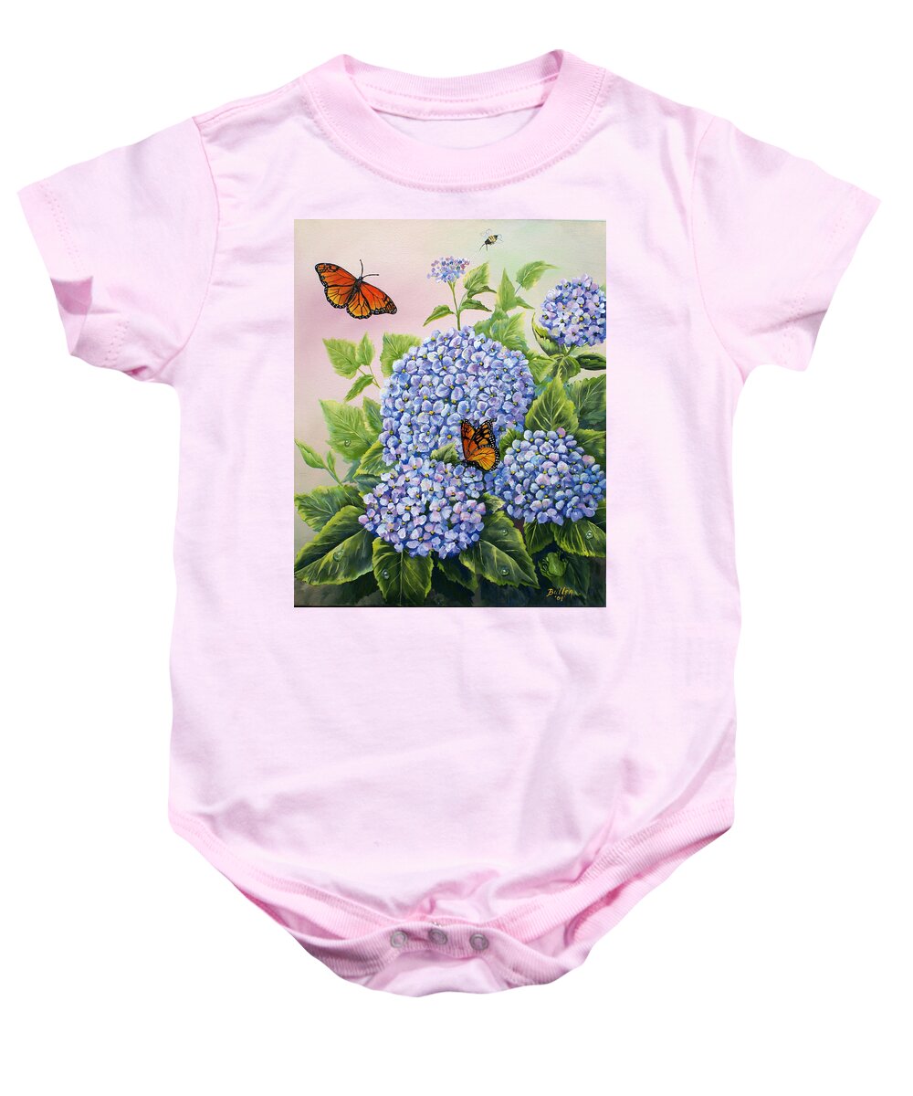 Butterfly Baby Onesie featuring the painting Monarchs and Hydrangeas by Gail Butler