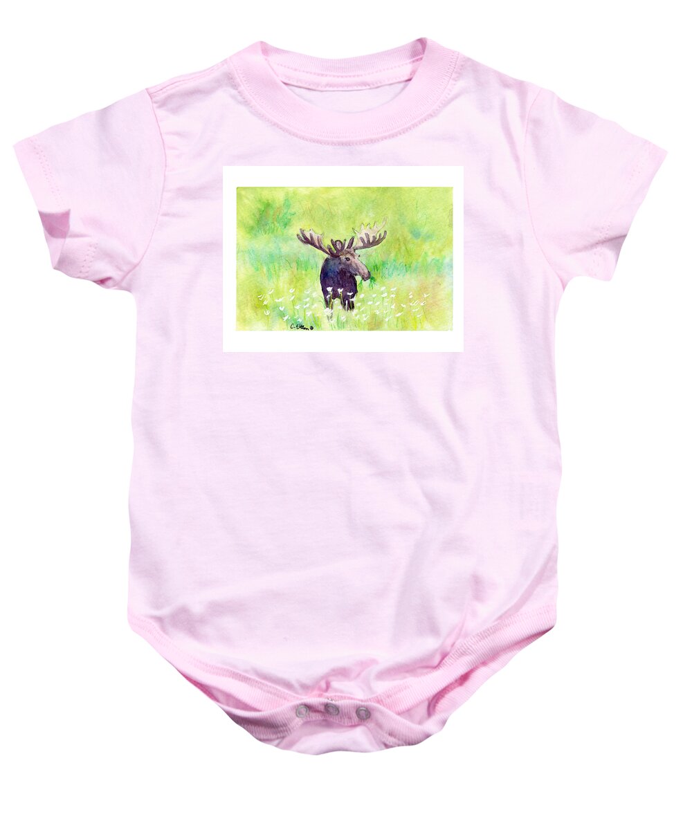 C Sitton Painting Paintings Baby Onesie featuring the painting Moose in Flowers by C Sitton