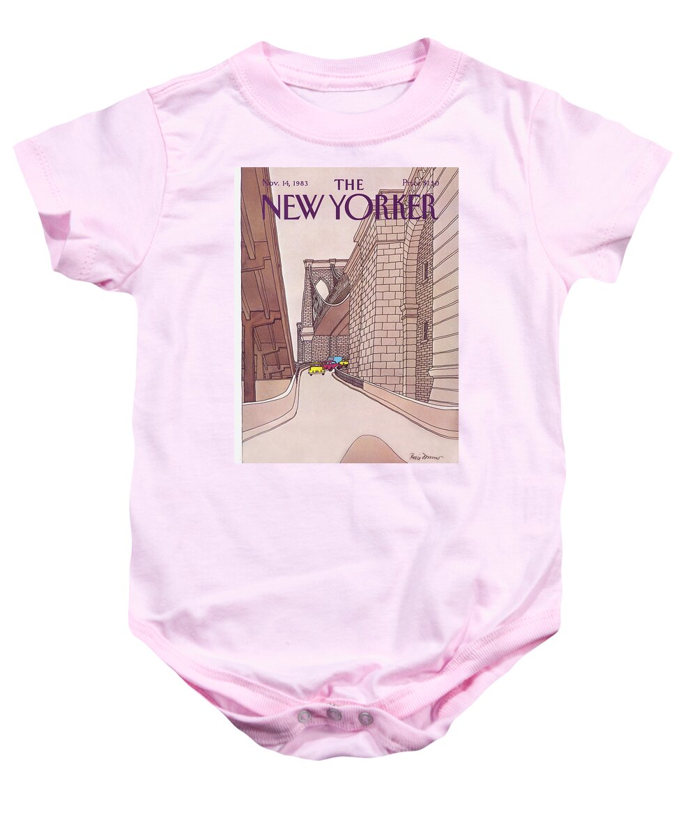 (cars And Taxis Motoring Up The Ramp To The Brooklyn Bridge.) New York City Urban Technology Architecture Automobiles Driving Travel Transportation Roxie Munro Rmu Artkey 47424 Baby Onesie featuring the painting New Yorker November 14th, 1983 by Roxie Munro