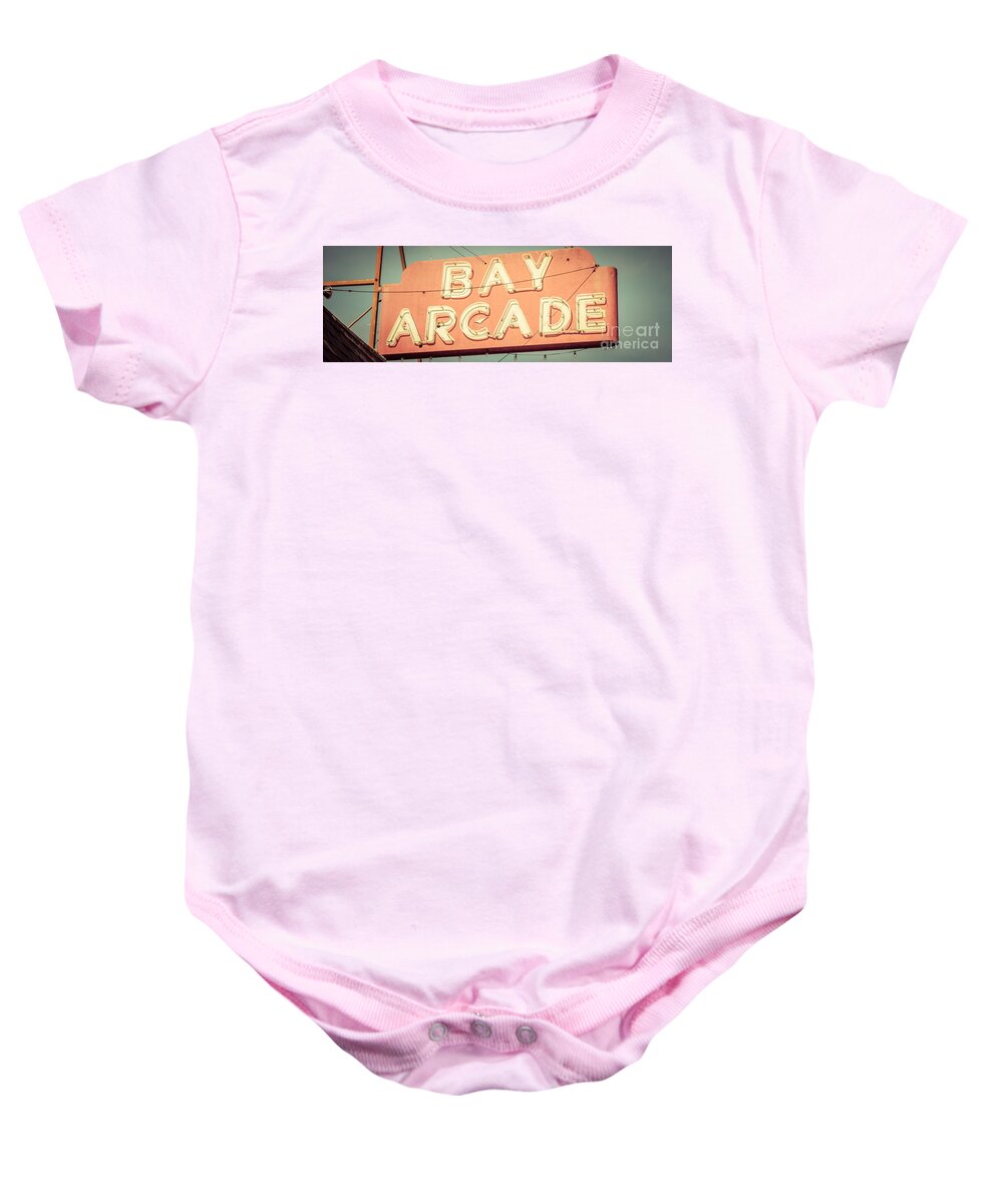 1960s Baby Onesie featuring the photograph Newport Beach Panoramic Retro Photo of Bay Arcade Sign by Paul Velgos