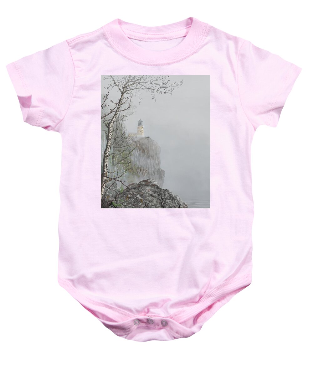 North Shore Lighthouse In The Fog Baby Onesie featuring the digital art North Shore Lighthouse in the Fog by Troy Stapek