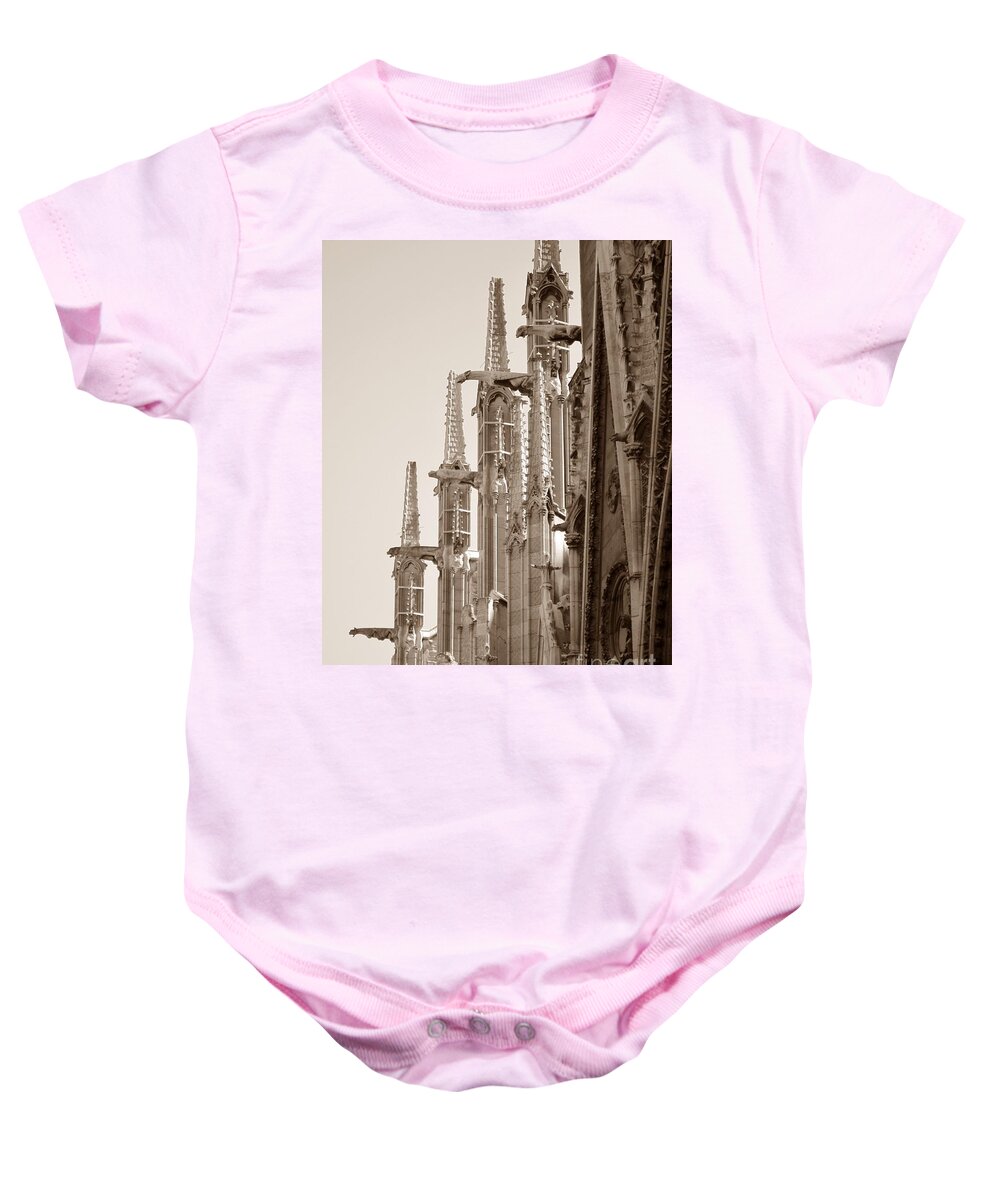 Paris Baby Onesie featuring the photograph Notre Dame Sentries Sepia by HEVi FineArt