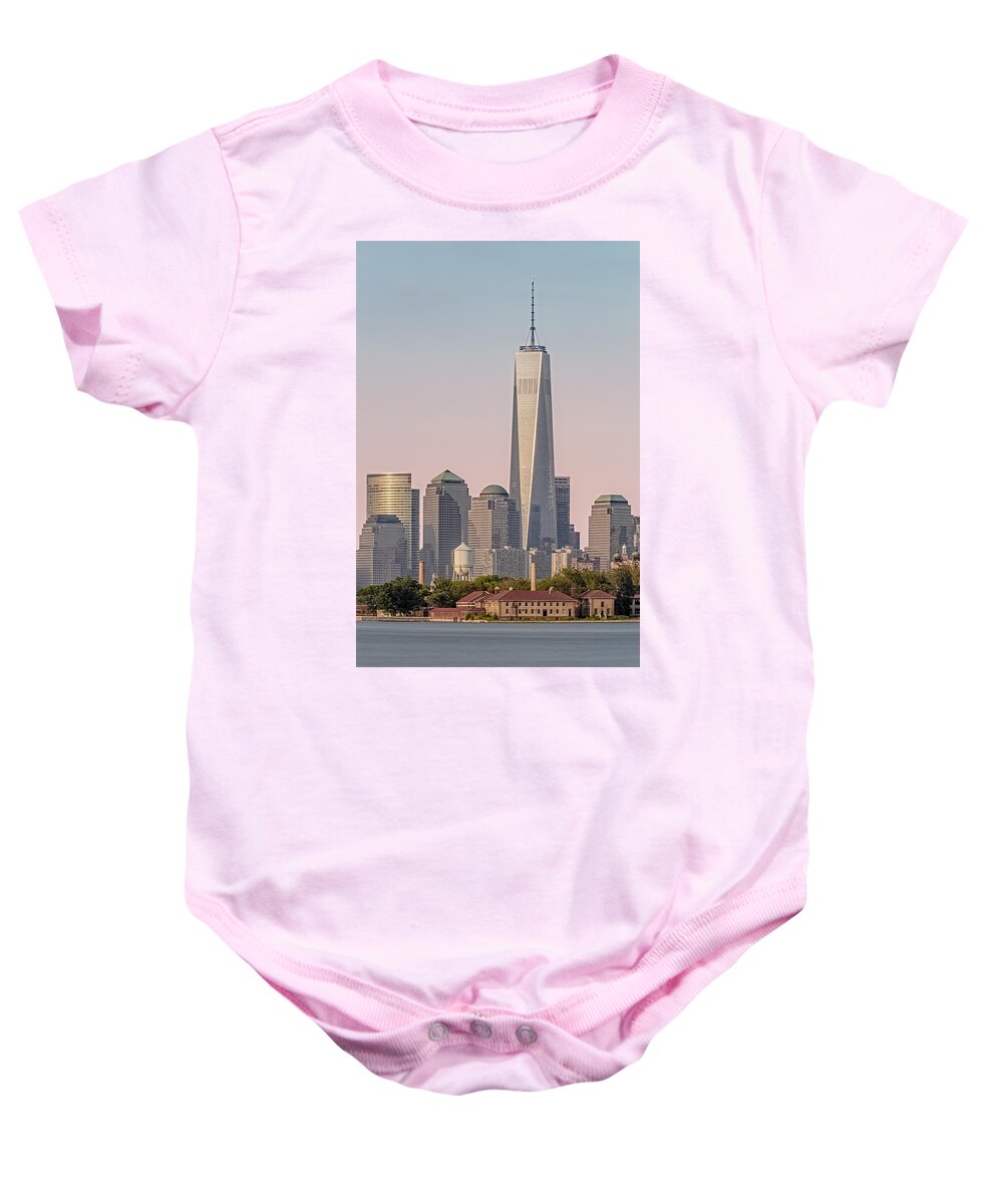 Freedom Tower Baby Onesie featuring the photograph One World Trade Center And Ellis Island by Susan Candelario