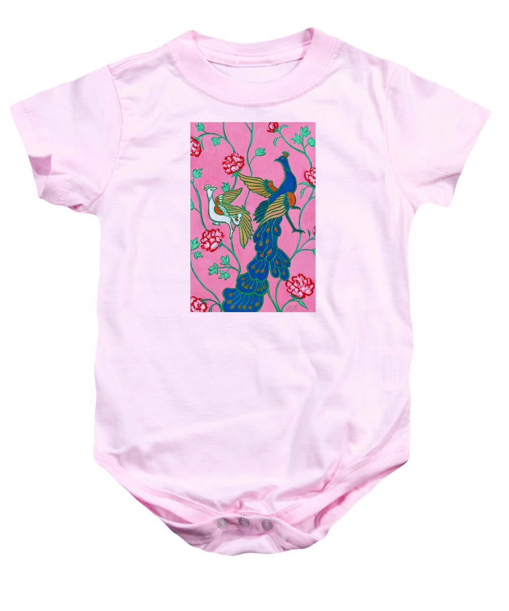 Peacock Baby Onesie featuring the painting Peacocks Flying Southeast by Xueling Zou