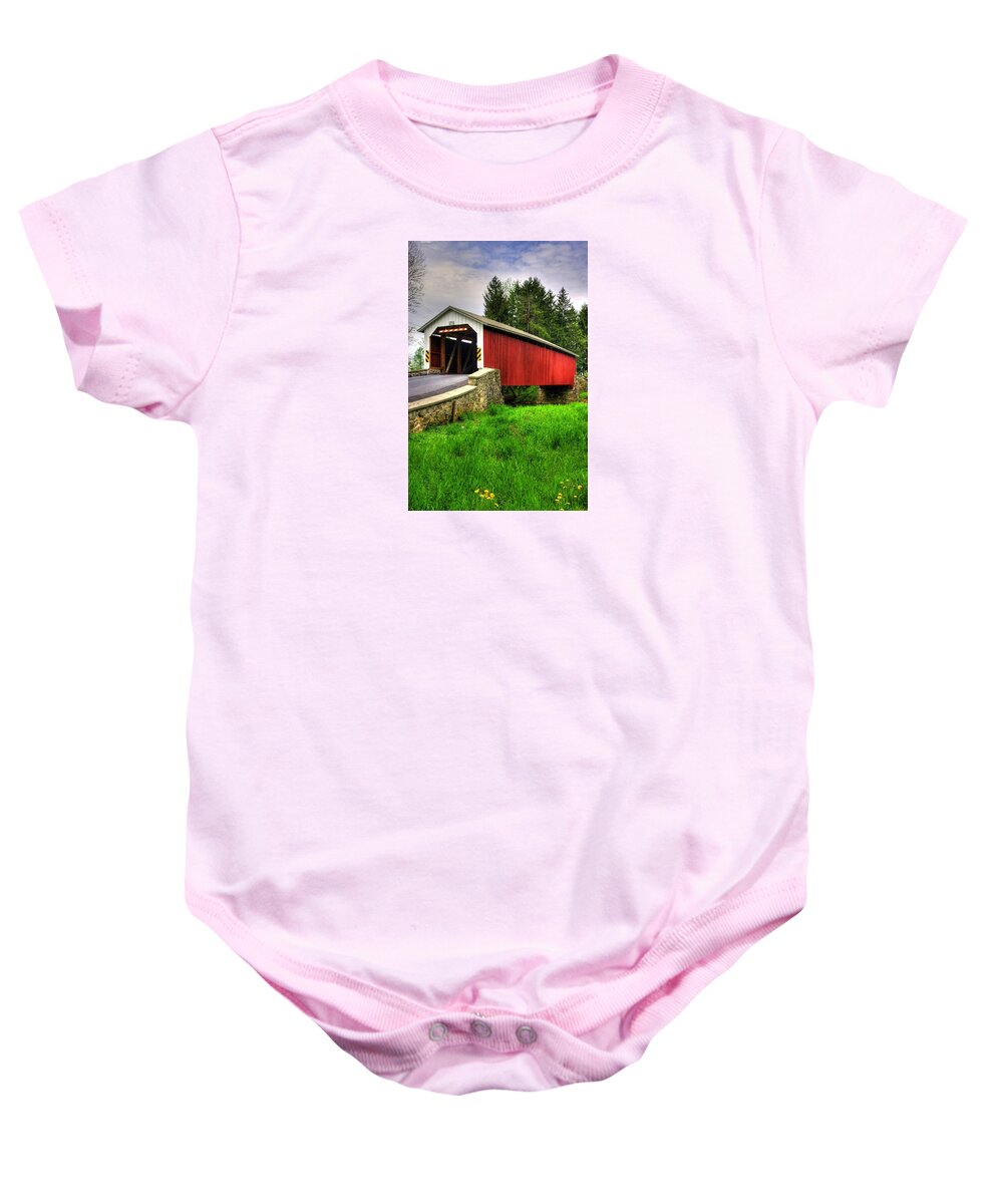 Forry's Mill Covered Bridge Baby Onesie featuring the photograph Pennsylvania Country Roads - Forry's Mill Covered Bridge - Lancaster County Spring No. 2 by Michael Mazaika