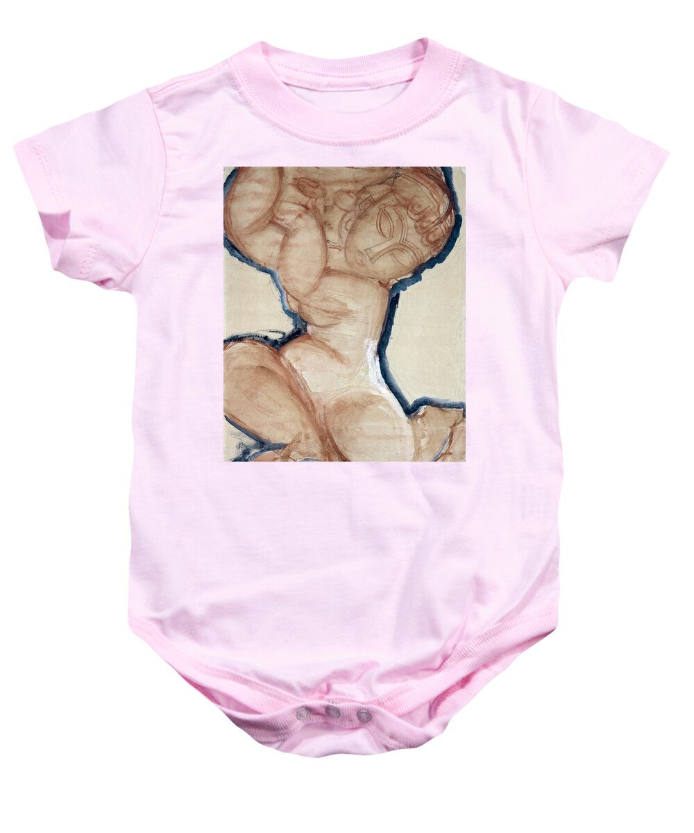 Modigliani Baby Onesie featuring the painting Pink Caryatid With A Blue Border by Amedeo Modigliani