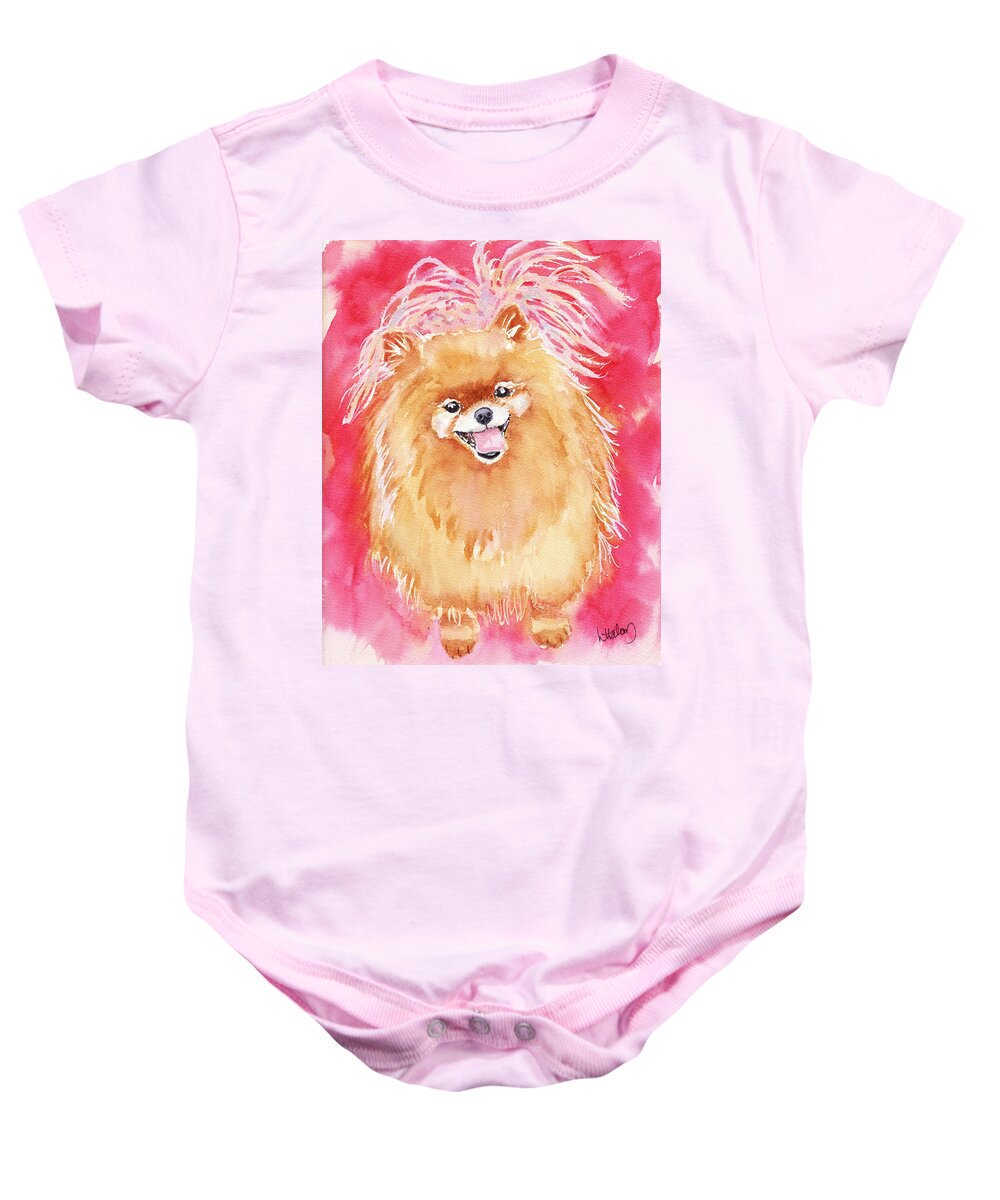 Pomeranian Painting Baby Onesie featuring the painting Pink Pom by Greg and Linda Halom