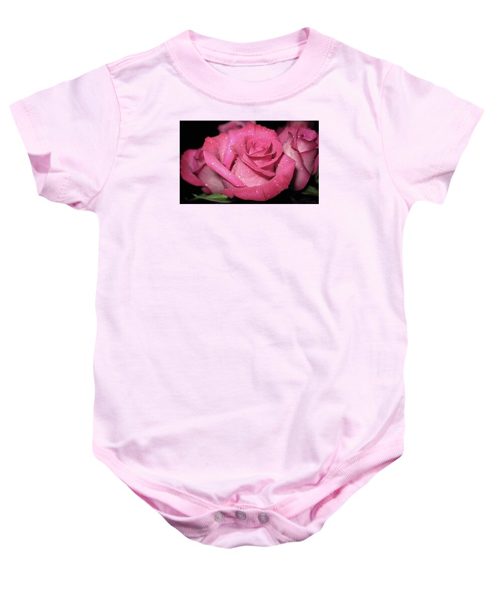 Pink Baby Onesie featuring the photograph Pink rose drops by Kim Mobley