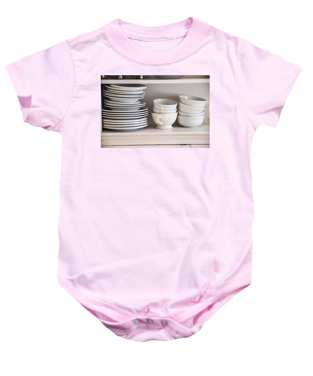 Plate Baby Onesie featuring the photograph Plates and Bowls by Garry Gay