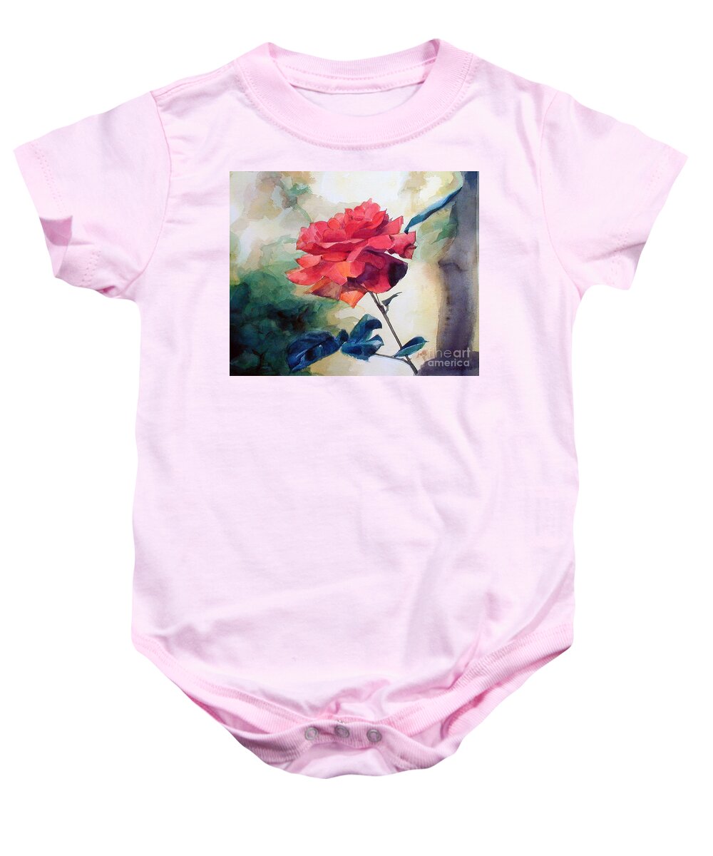 Red Rose Baby Onesie featuring the painting Watercolor of a Single Red Rose on a Branch by Greta Corens