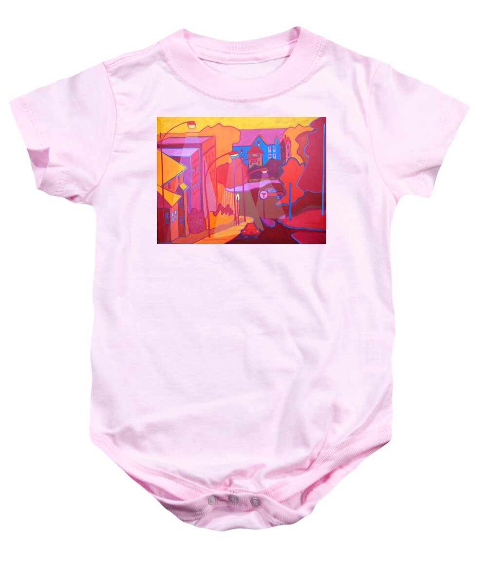 Cityscape Baby Onesie featuring the painting Roslindale Never Looked so Red by Debra Bretton Robinson