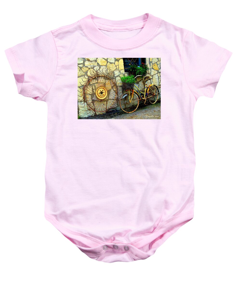 Rusty Antiques Baby Onesie featuring the photograph Rust And Flowers by Pamela Smale Williams