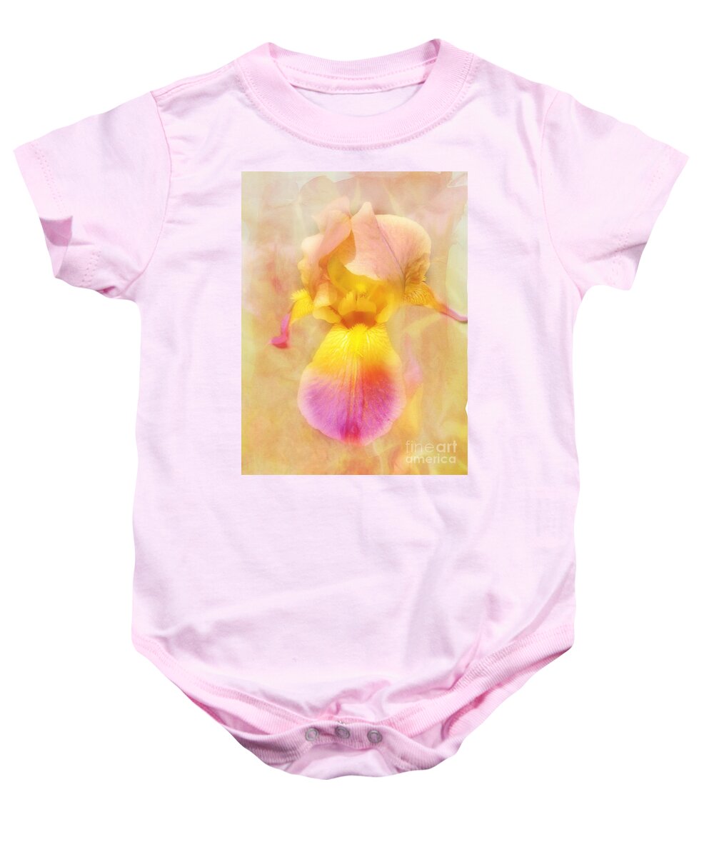 Beautiful Iris Baby Onesie featuring the photograph Soft Pink and Yellow Iris by Peggy Franz