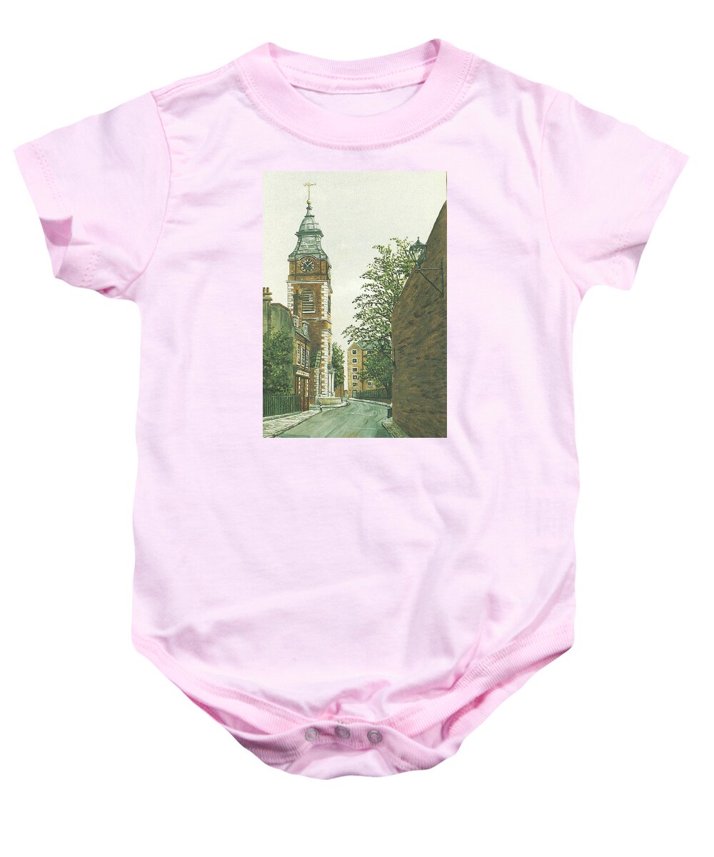 Scandrett Street Baby Onesie featuring the painting St Johns Church Wapping from Scandrett Street by Mackenzie Moulton
