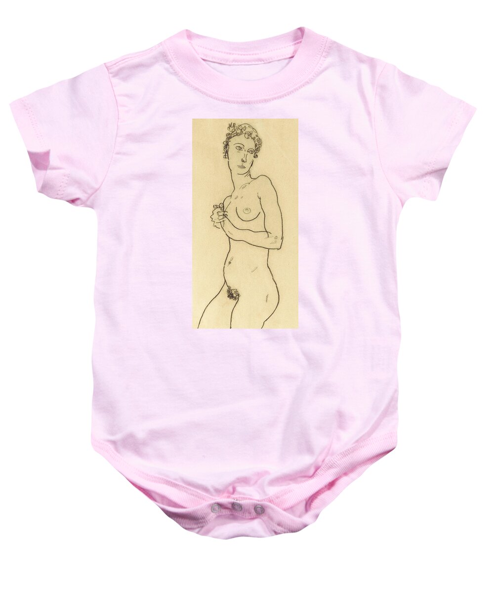 Egon Schiele Baby Onesie featuring the drawing Standing nude by Egon Schiele