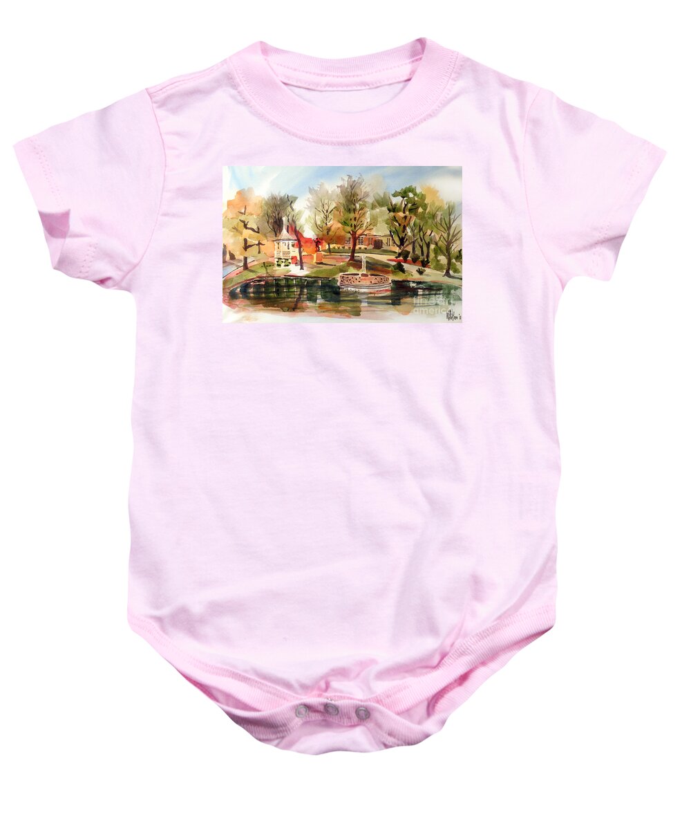Ste. Marie Du Lac With Gazebo And Pond I Baby Onesie featuring the painting Ste. Marie du Lac with Gazebo and Pond I by Kip DeVore