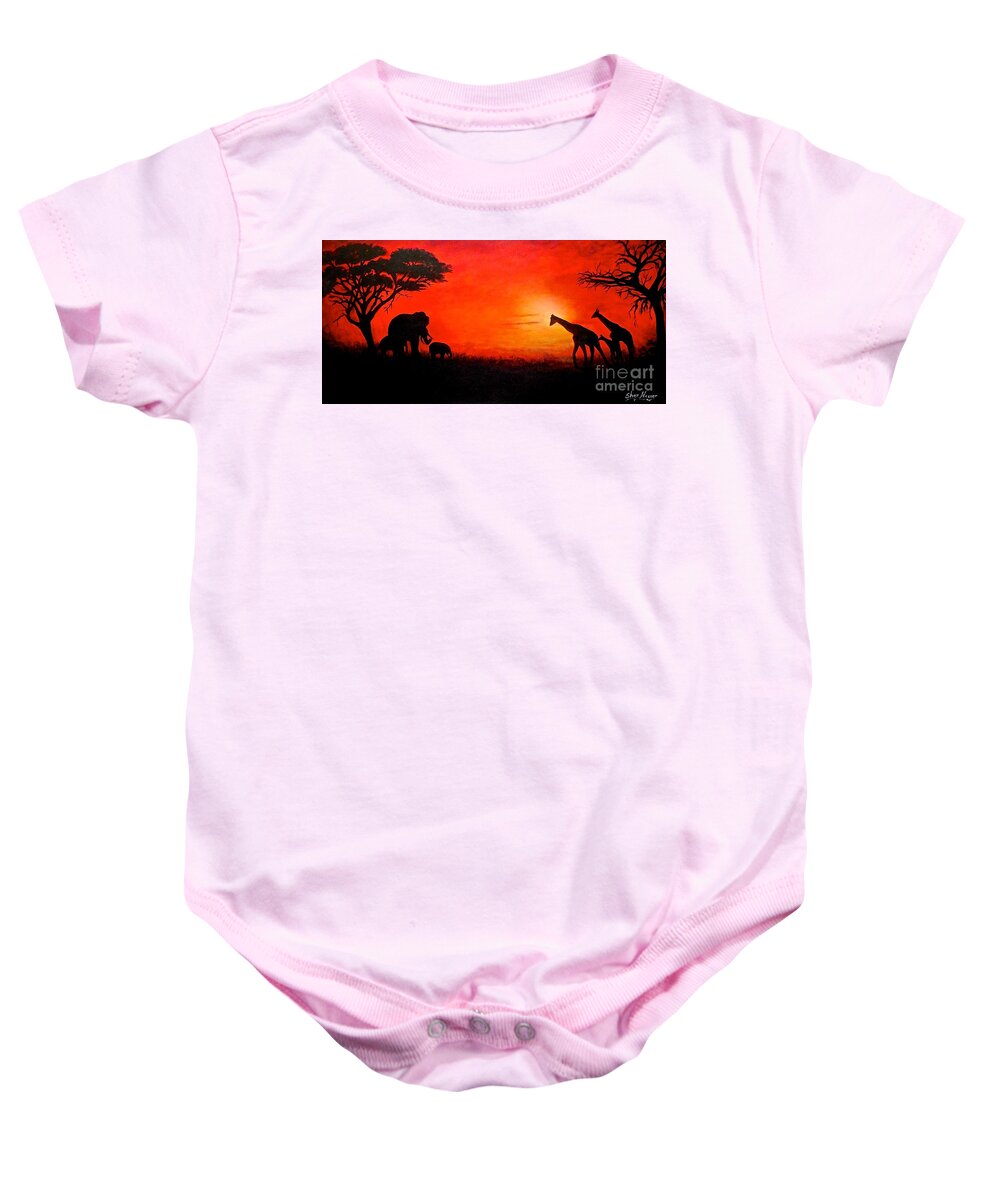 Acacia Trees Baby Onesie featuring the painting Sunset at Serengeti by Sher Nasser
