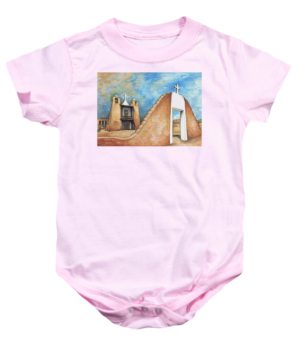 Taos+pueblo Baby Onesie featuring the painting Taos Pueblo New Mexico - Watercolor Art Painting by Peter Potter
