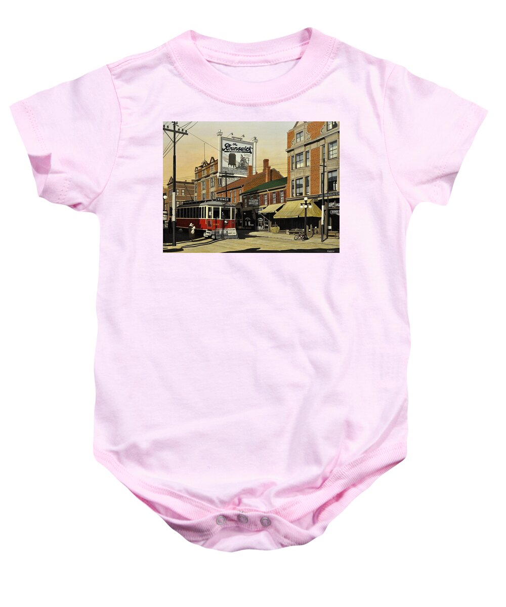 Toronto Baby Onesie featuring the painting Yonge and College Streets 1917 aka The Brunswick 1917 by Kenneth M Kirsch