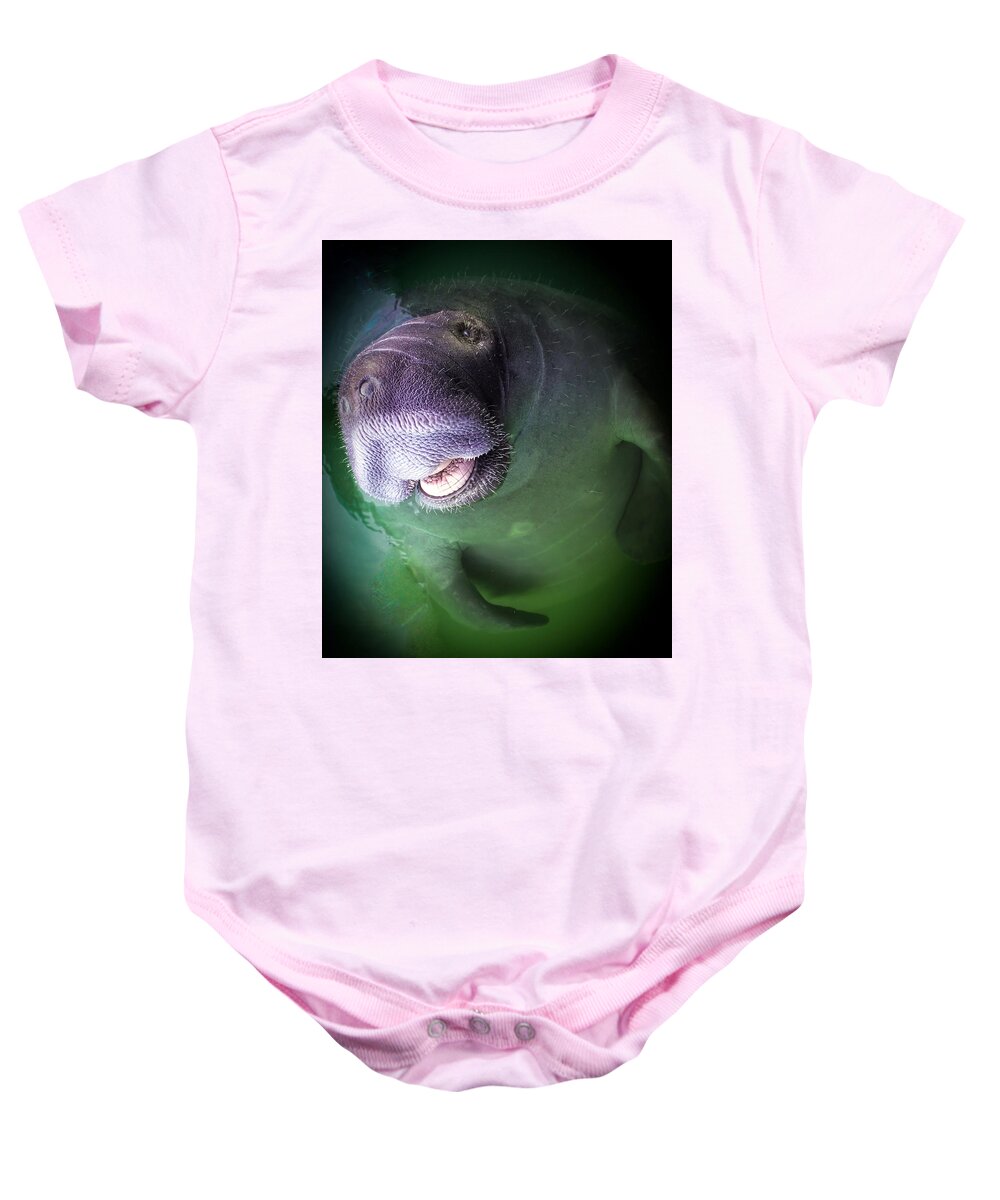 Manatees Baby Onesie featuring the photograph The Happy Manatee by Karen Wiles