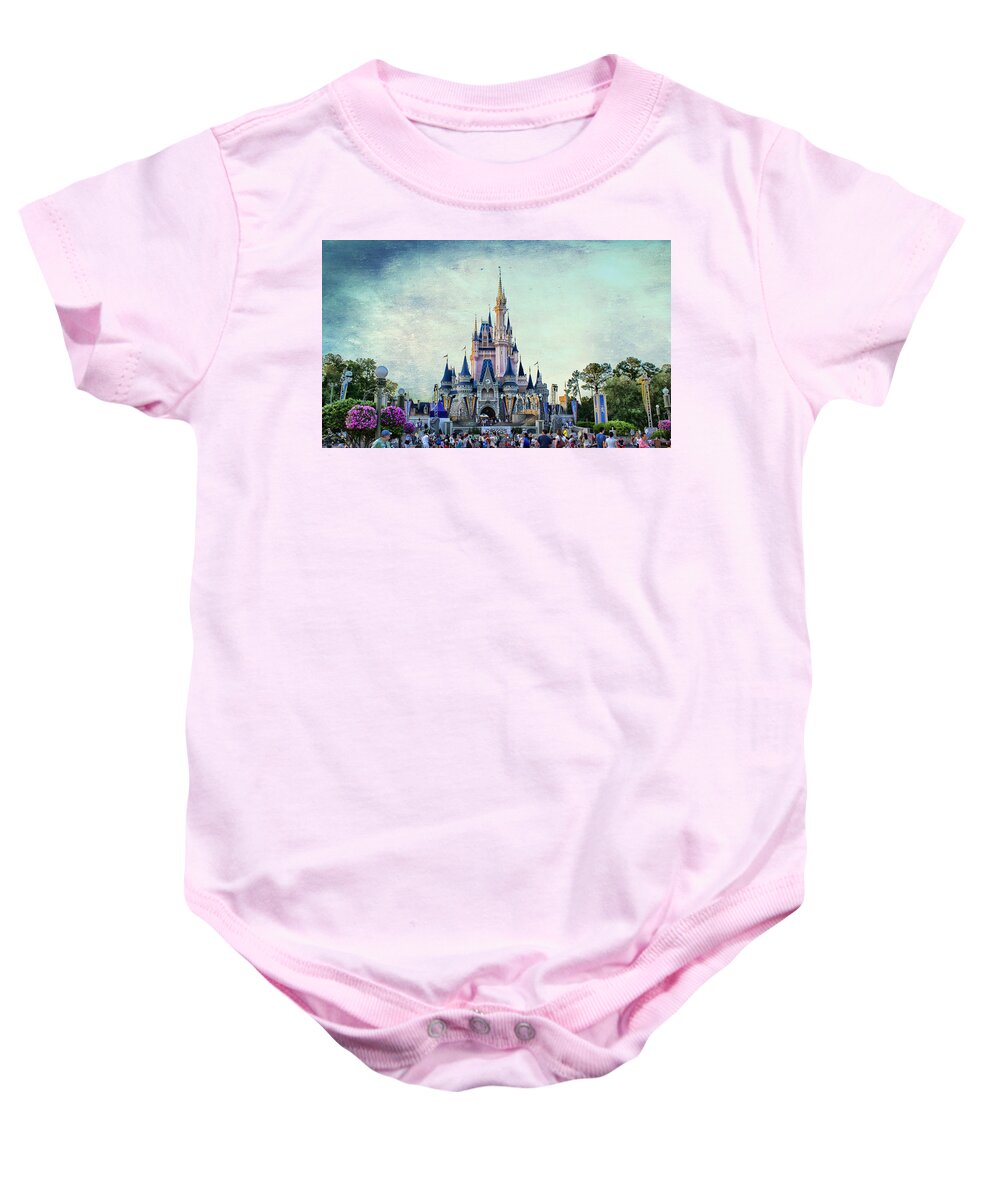 Castle Baby Onesie featuring the photograph The Magic Kingdom Castle Disney World On A Beautiful Summer Day Textured Sky by Thomas Woolworth