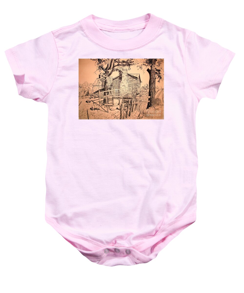 The Pig Sty Baby Onesie featuring the drawing The Pig Sty by Kip DeVore
