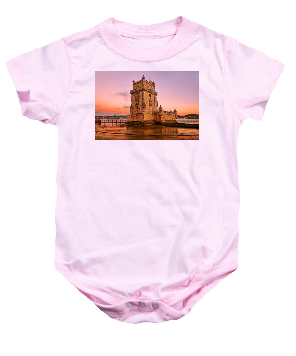 Crystal Baby Onesie featuring the photograph the tower of belem in Lisbon at sunset by Mitchell R Grosky