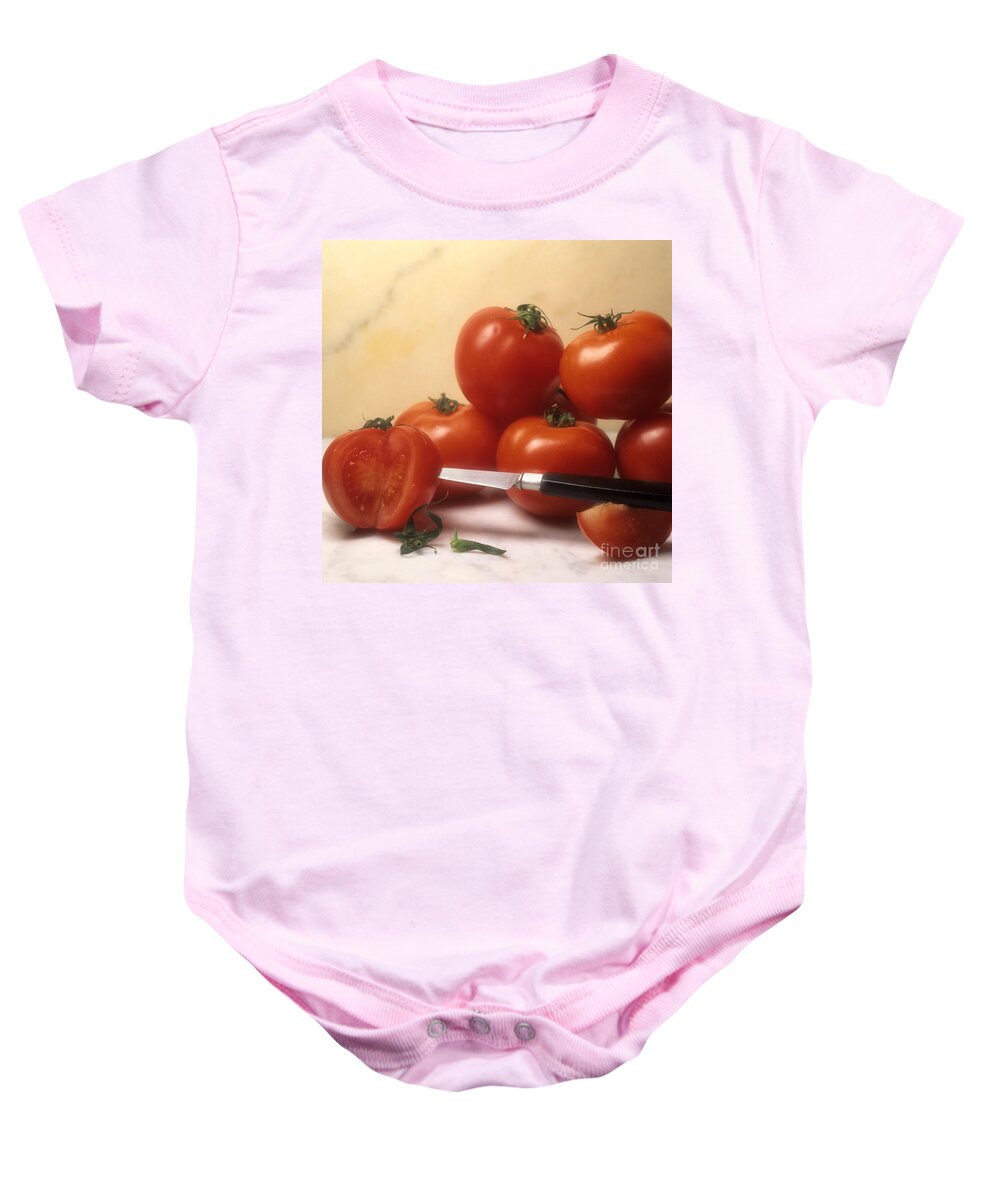 Cut Food Indoors Indoor Inside Knife Knives Nobody Nutrition Sharp Sliced Solanum Lycopersicum Baby Onesie featuring the photograph Tomatoes and a knife by Bernard Jaubert