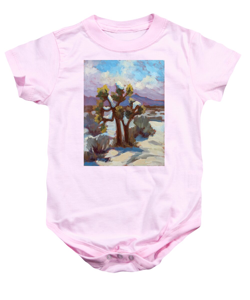 Unexpected Snowfall Baby Onesie featuring the painting Unexpected Snowfall at Joshua Tree by Diane McClary
