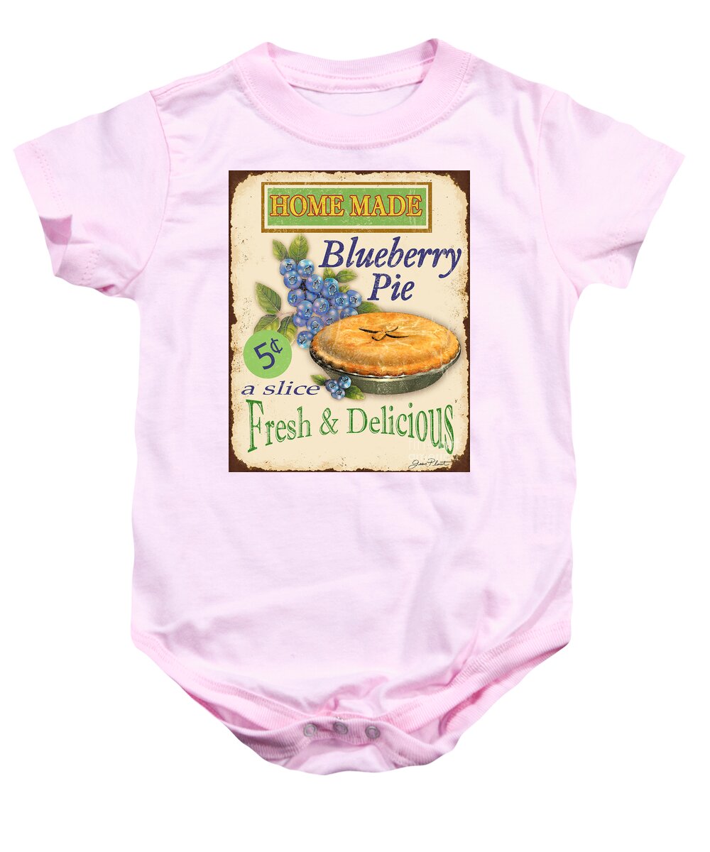 Jean Plout Baby Onesie featuring the digital art Vintage Blueberry Pie Sign by Jean Plout