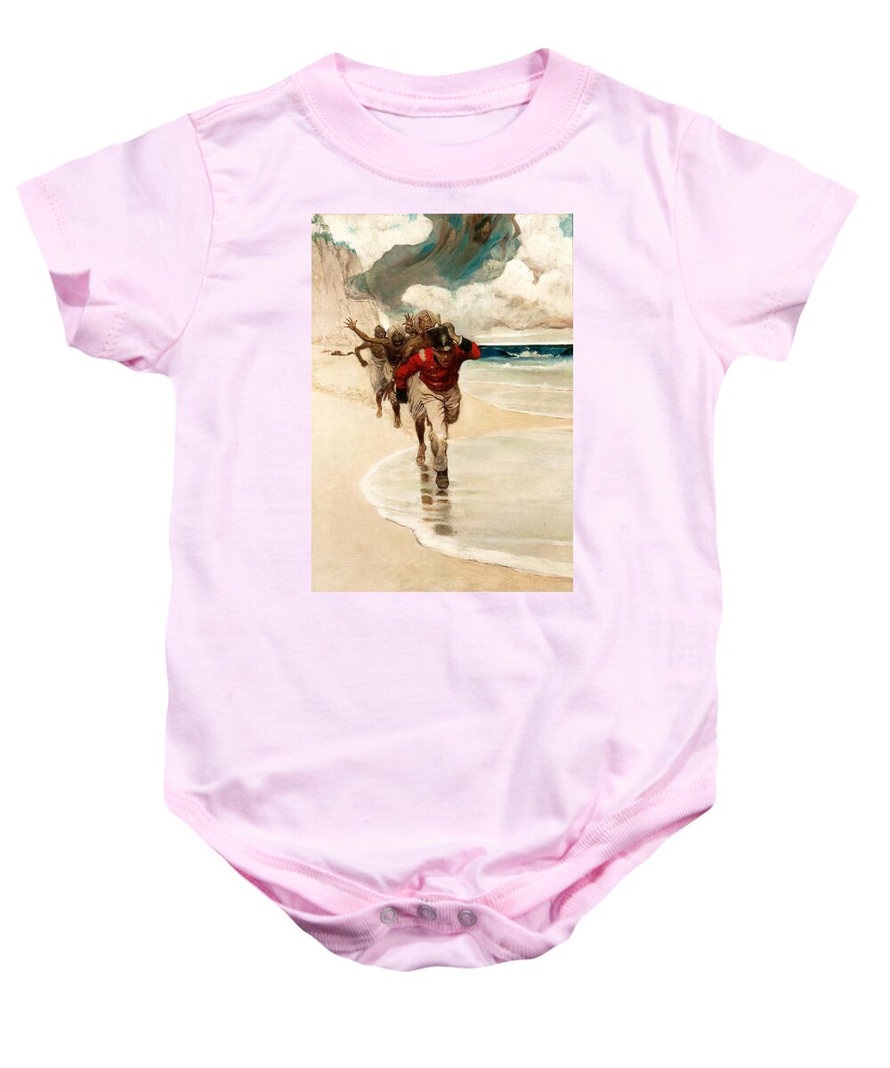 Howard Pyle Baby Onesie featuring the painting We Started to Run back to the Raft for Our Live by Howard Pyle